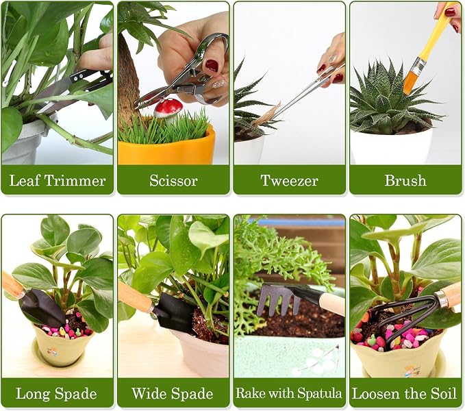 9PCS Basic Bonsai Tools Set, Bonsai Tree Kit Mini Garden Tools Includes Pruning Shears, Mini Rake, Fold Scissors and More