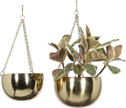 Deco 79 Metal Indoor Outdoor Wall Planter Indoor Outdoor Hanging Dome Hanging Planter with Chain, Set of 2 Plant Hanger 5", 6"H, Gold