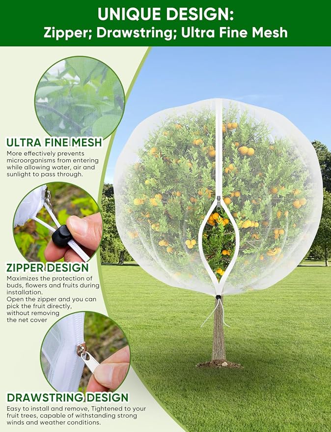 Fruit Tree Netting with Zipper - 2Pcs 8x5.3 Ft Garden Bird Netting for Blueberry Bushes with Drawstring,Insect Plant Protection Mesh Net Bags for Tomato,Flowers,Animals,Cherry (2, 5.3 x 8 FT)