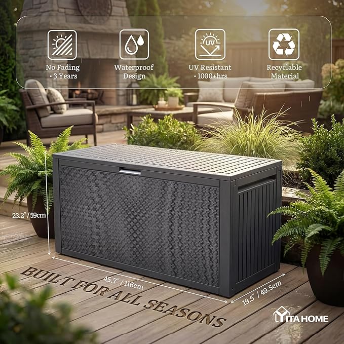 YITAHOME 95 Gallon Large Outdoor Deck Box, Lockable Waterproof Resin Storage Box with Handles, Weatherproof & UV Resistant, Patio Garden Tool Container for Outdoor Furniture, Dark Grey