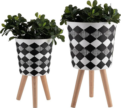 Sagebrook Home Set of 2 Geometric Planters on Stands - Resin & Wood Mid-Century Modern Plant Pots for Indoor/Outdoor Home & Garden Decor - 12" & 10", Black & White G