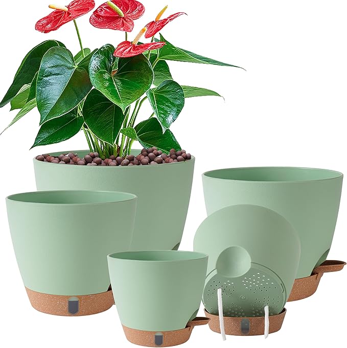 Self Watering Pots for Inoor Ourdoor Plants 8/7/6.5/6/5 Inch Plastic Planters with Drainage Holes & Water Level Indicator, Decorative House Flower Nursery Planting Pots with Saucers (Green)