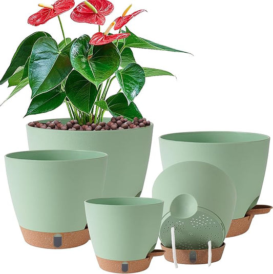 Self Watering Pots for Inoor Ourdoor Plants 8/7/6.5/6/5 Inch Plastic Planters with Drainage Holes & Water Level Indicator, Decorative House Flower Nursery Planting Pots with Saucers (Green)