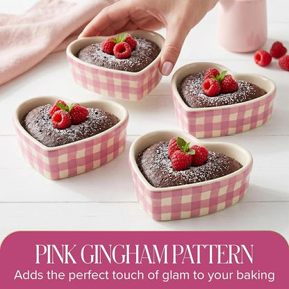 Paris Hilton Heart Shaped Ramekins Oven Safe, 4-Piece Mini Ceramic Ramekin Set, Stoneware Baking Dishes, Microwave, Dishwasher & Freezer Safe, Gingham Design, 3-Ounce, Pink