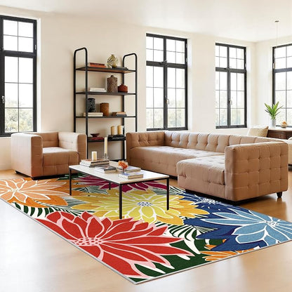 ZonLi Colorful Outdoor Rug 8x10Ft Waterproof Multicolored Indoor Area Rug Washable Outdoor Patio Rugs Tropical Floral Non Slip Outdoor Carpet for Living Room, Pool,Backyard,Deck,Camping