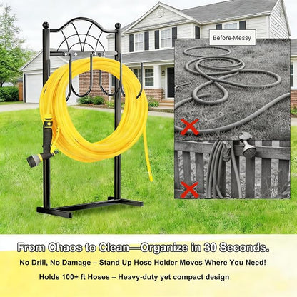 Garden Hose Holder,Upgraded Freestanding Hose Holder with 4 Spikes, Heavy Duty Metal Hose Reel,Sturdy Hose Stand Holds up to 100ft Hose for Outside,Yard & Lawn Garden,Black