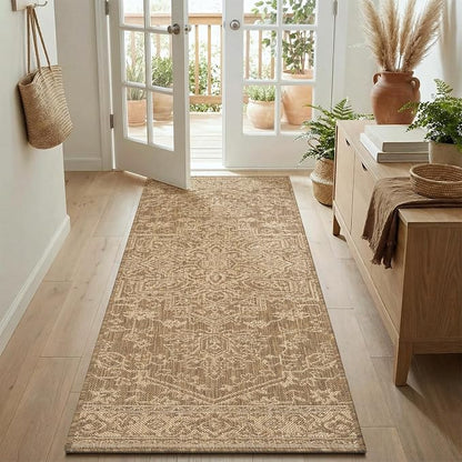 MontVoo-2x8 ft Indoor Outdoor Runner Rugs for Entryway Porch Hallway Kitchen Door Entrance Long, Textured Weave Polypropylene, Durable for High Traffic, Fade-Resistant, Vintage Medallion Neutral Brown