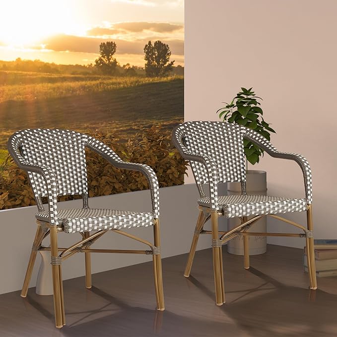 PURPLE LEAF Bistro Chair (Set of 2) French Hand-Woven Wicker Armchairs for Outdoor Patio Porch Garden Indoor, Bamboo Print Finish, Grey, Dining Chairs