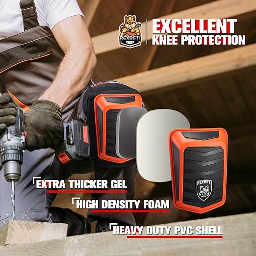REXBETI New Upgraded Knee Pads for Work, Construction Knee Pads for Men, Heavy Duty Comfortable Anti-Slip Foam Gel Knee Pads for Gardening Flooring and Cleaning, Extra 4 Extension Straps, Orange