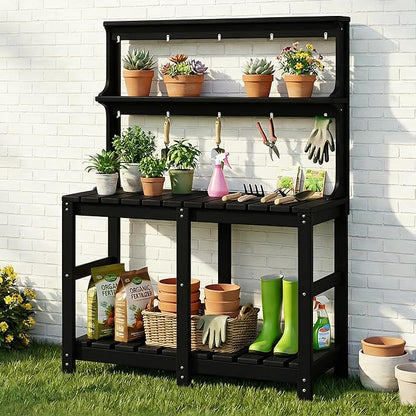 Outdoor Potting Bench with 3 Tier, All-Weather Patio Potting Table with Tool Hooks, HDPE Gardening Table for Backyard, Garden, Black