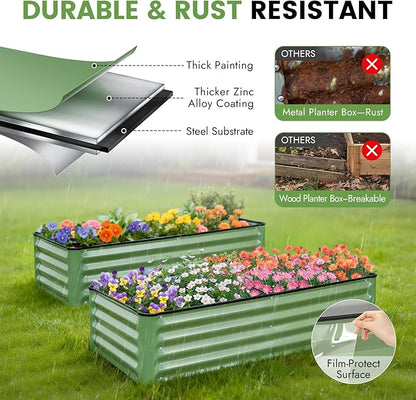 INNO STAGE Galvanized Raised Garden Bed Kits, 4x2x1ft Metal Raised Garden Beds Outdoor, Steel Raised Planter Bed with Gloves for Vegetables & Flowers Patio Ground Planter Box (Olive Green, 2PCS)