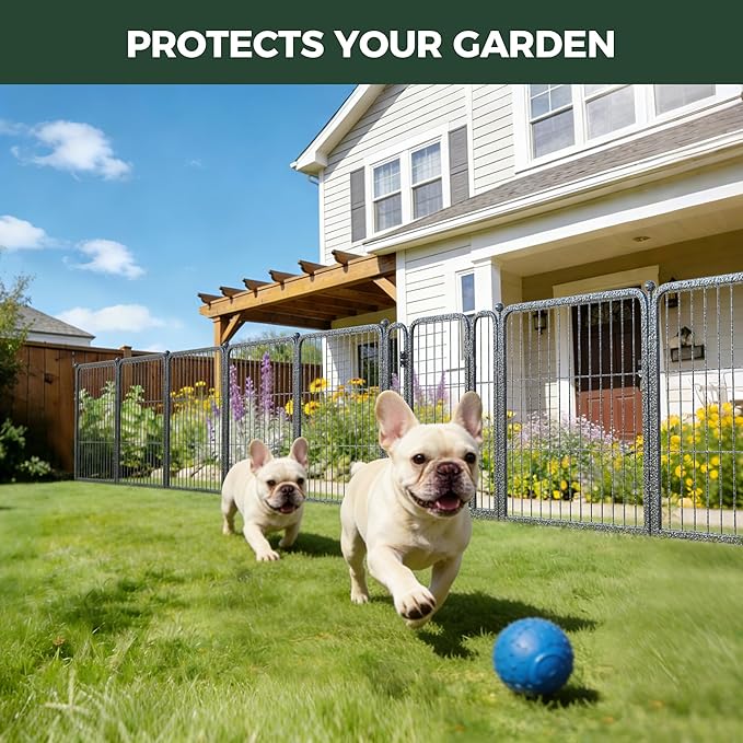 FXW Garden Fence Outdoor for the Yard – 24in(H) x 60.9ft(L) Heavy Duty Metal Animal Barrier for Dog, No Dig Decorative Dog Fence, 32 Panels, Silver