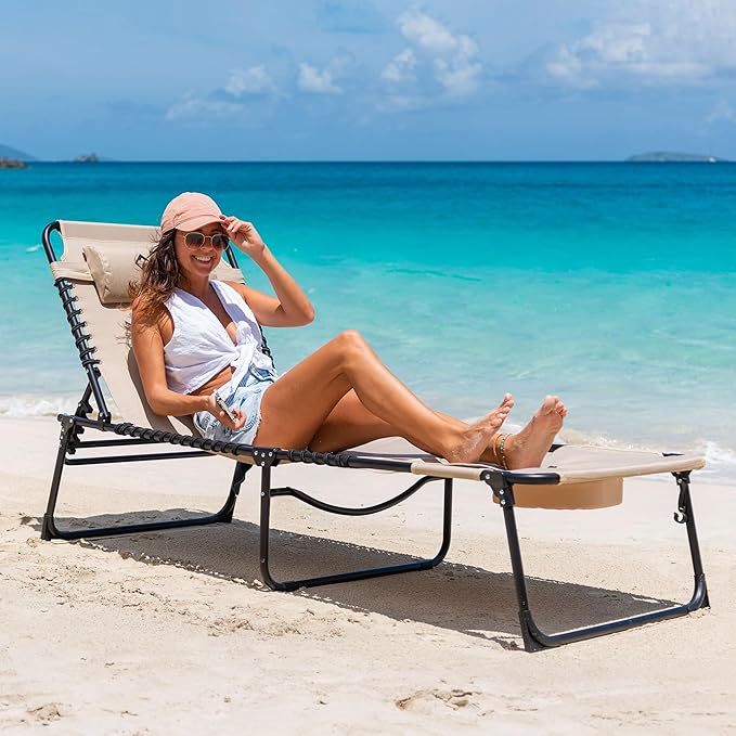 VILLEY Oversized Chaise Lounge Chair with Face Hole, Portable Tanning Chair, Adjustable Reclining Beach Chair, Outdoor Heavy-Duty Folding Sunbathing Chair for Outside Patio Lawn Beach Pool