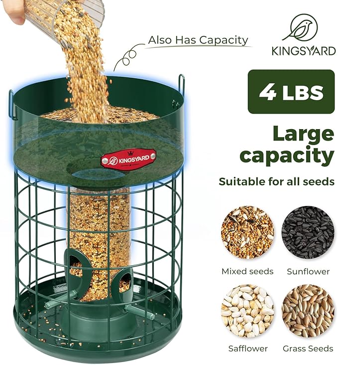 Kingsyard Upgraded Squirrel Proof Caged Bird Feeder for Outdoor Hanging - Additional Storage Tube Bird Feeder with 4 Feeding Ports & Perches, Easy to Clean & Refill. Green