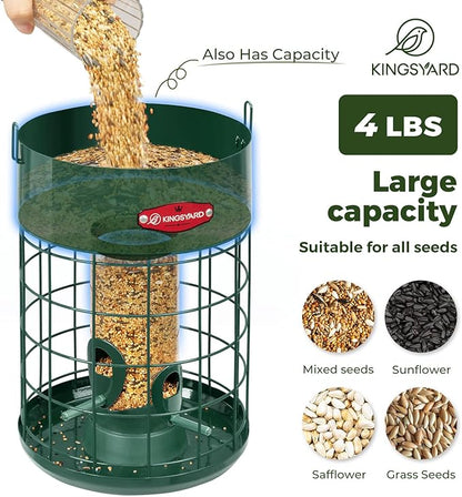 Kingsyard Upgraded Squirrel Proof Caged Bird Feeder for Outdoor Hanging - Additional Storage Tube Bird Feeder with 4 Feeding Ports & Perches, Easy to Clean & Refill. Green