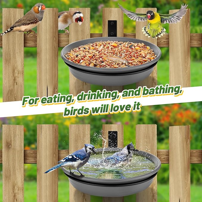 Fence Bird Feeders Tray - Tree Mounted Wild Bird Bath for Outdoors Place Food Water, Installed on Deck Wall Stakes with Heavy Duty Iron Ring, 8.3'' Dia. (Grey)