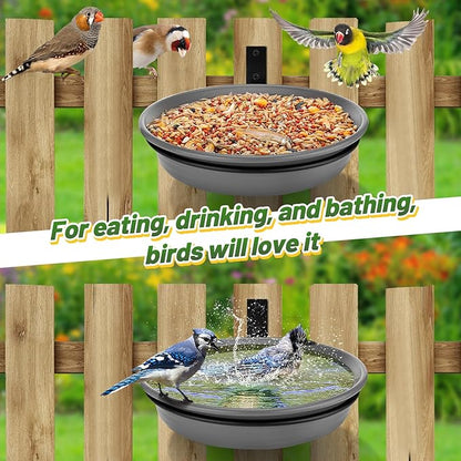 Fence Bird Feeders Tray - Tree Mounted Wild Bird Bath for Outdoors Place Food Water, Installed on Deck Wall Stakes with Heavy Duty Iron Ring, 8.3'' Dia. (Grey)