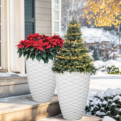 19" Resin Tall Outdoor Planters,Set of 2 Matte White Round Large Flower Plant Pot,Handmade Glossy Finish & Wave Texture, Weather-Resistant for Garden,Patio or Indoor, Porch Christmas Decor