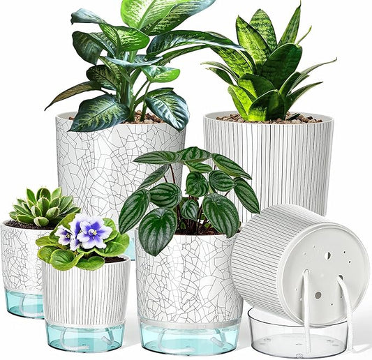 Self Watering Pots for Indoor Plants, 4/5.5/6.3 Inch Plant Pots Indoor Outdoor with Drainage Holes, Deep Reservoir, Plastic Self Watering Flower Pots