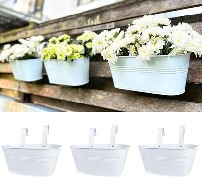 LaLaGreen Rail Planter Outdoor Plant (11.8 Inch, 3 Pack) White Metal Iron Hanging Flower Pot Deck Railings Fence Buckets Modern Countryside Boho Style Wall Mount Window Box Holder Hooks Porch Decor