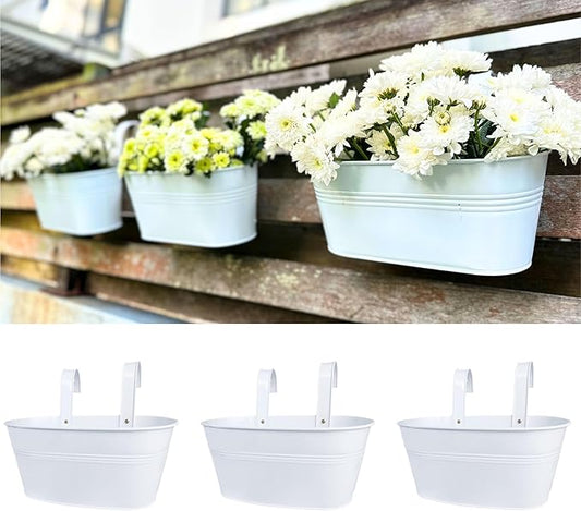 LaLaGreen Rail Planter Outdoor Plant (11.8 Inch, 3 Pack) White Metal Iron Hanging Flower Pot Deck Railings Fence Buckets Modern Countryside Boho Style Wall Mount Window Box Holder Hooks Porch Decor