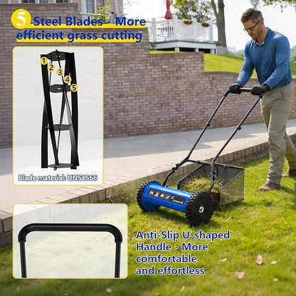 18-Inch Reel Lawn Mower with Grass Catcher and Tool-Free Blade Adjustment, 5-Blade Manual Push Lawn Mower, 5-Position Height Adjustable