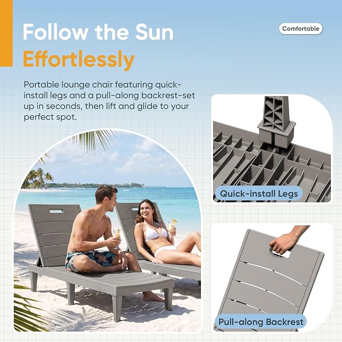 Greesum Outdoor Chaise Lounge Chairs Set of 4 with 5-Position Adjustable Backrest, Waterproof PP Sun Chaise Loungers for Garden Pool Beach Patio Deck Sunbathing, Light Coffee