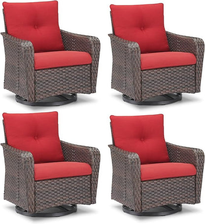 Rilyson Outdoor Patio Swivel Rocker Chairs - 4 PC Wicker Rattan Patio Rocking Glider Chair Set with High Back,Comfy Cushions and Deep Seating for Porch Deck Backyard Garden(Brown/Red)