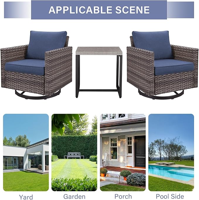 Outdoor Patio Swivel Rocker Chairs - 3 Piece Wicker Patio Furniture Bistro Swivel Rocking Chairs Set with Comfortable Cushions,Sturdy Metal Frame and Side Table for Porch Deck(Mixed Grey/Blue)