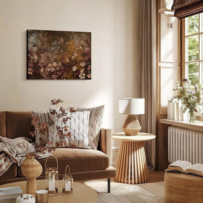 Framed Vintage Wildflower Wall Decor Dark Wildflower Print Country Floral Canvas Painting Nature Botanical Scenery Wall Decor for Farmhouse Living Room or Bedroom 16x24 Inch Ready to Hang