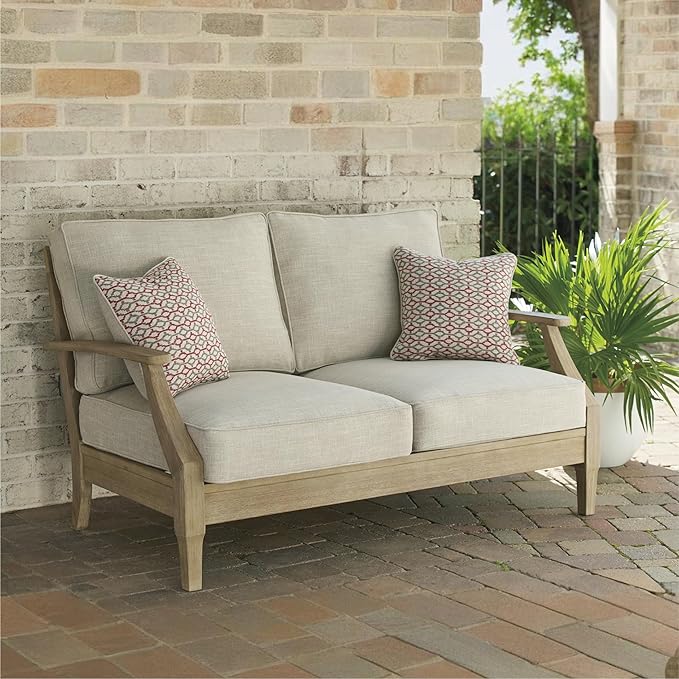 Signature Design by Ashley Clare View Coastal Outdoor Loveseat, Cushioned with Nuvella Fabric, Protective Finish, Eucalyptus Wood, 55.5" W x 35" D x 32" H, Beige