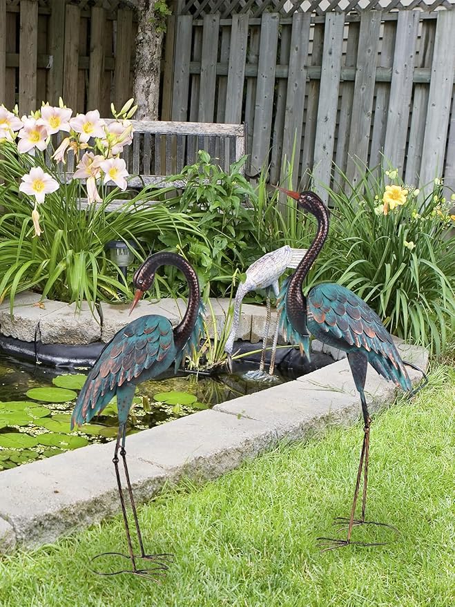 YEAHOME Garden Decor Outdoor Statues, 40"/37" Large Metal Heron Standing Yard Art, Blue Crane Lawn Sculptures Garden Decor for Outside Patio Porch Backyard, Set of 2