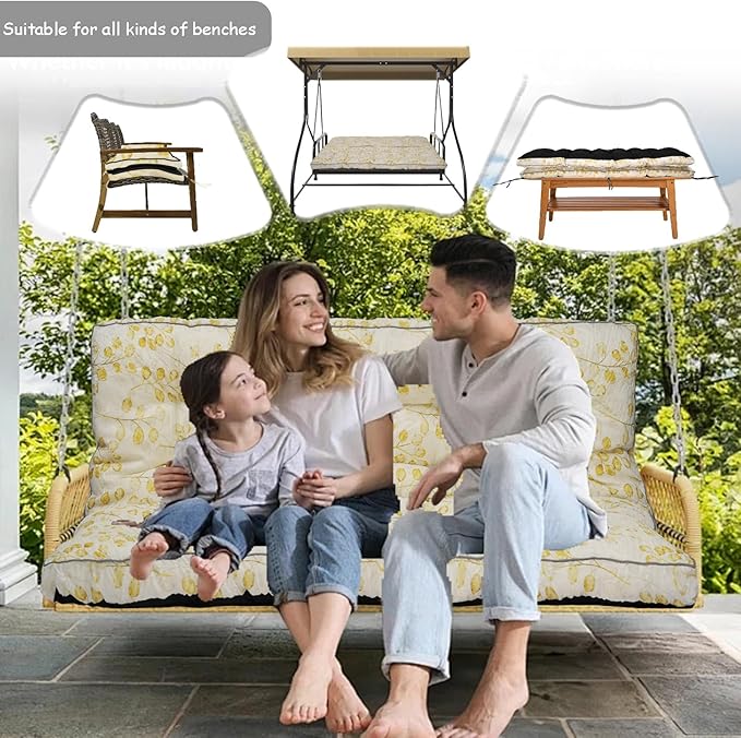 Porch Swing Cushion Three Seat, Waterproof Swing Cushions Replacement with Backrest, Outdoor Garden Furniture Patio 4" Thickened Cushions with Ties (Yellow Leaves, 40 x 63in)