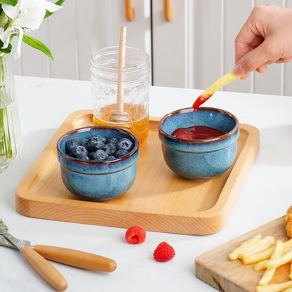 Henten Home 6 oz Ramekins Set Oven Safe, Ceramic Creme Brulee Ramekins Set of 2, Baking Cups for Pudding, Souffle, Ice Cream, Snack, Dipping (Blue)