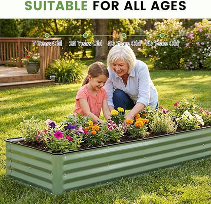 INNO STAGE Galvanized Raised Garden Bed Kits, 8x2x1ft Metal Raised Garden Beds Outdoor, Large Steel Raised Planter Bed with Gloves for Vegetables & Flowers Patio Ground Planter Box (Olive Green, 1PC)