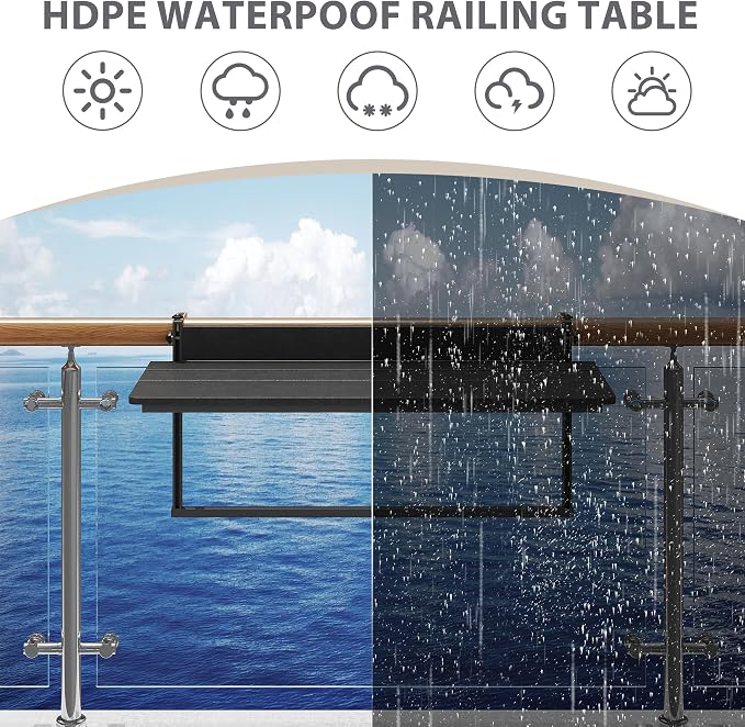 Sundale Outdoor 40" Large Folding Balcony Table for Railing, Patio HDPE Bar Adjustable Hanging Table for Baluster Garden Deck, Black