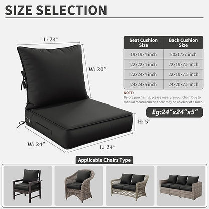 Premium Outdoor Seat Cushion Chair Cushions for Patio Furniture 24 L X 24 W X 5 H Waterproof & Fade Resistant Deep Seat and Backrest Cushion Set with Removable Covers for Chair, Sofa