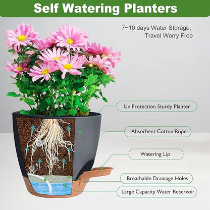 Plant Pots Pack of 5, 7/6.5/6/5.5/5 Inch Self Watering Planters with Drainage Hole Planter for Indoor Plants, Planting Pots for African Violet, Ochid and House Plants (Black)