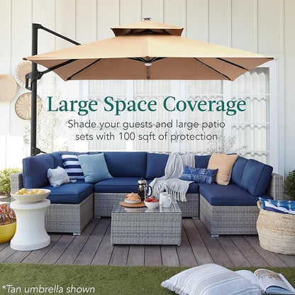 Best Choice Products 10x10ft Cantilever Patio Umbrella w/Base Included, Solar LED Lights 360 Rotation Large Offset Hanging Outdoor Shade for Deck Pool Backyard w/Stand – Rust