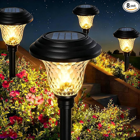 BEAU JARDIN 8 Pack Solar Pathway Lights Outdoor Solar Powered Light Waterproof Glass High Lumen for Garden Landscape Path Yard Walkway Patio Driveway Outside White Color Changing Black