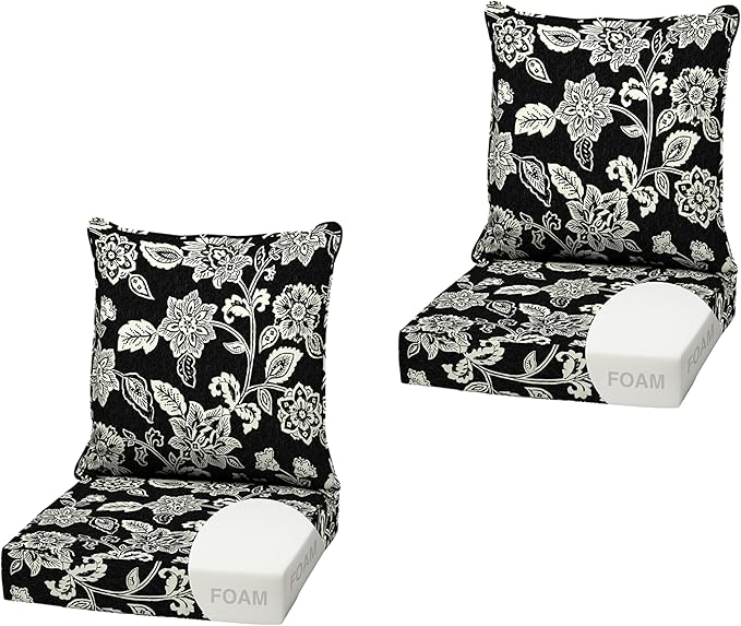 Arden Outdoor Foam Deep Seat Cushion (2-Pack), 22x24, Premium High-Density Foam, Never Flattens, Weather-Proof for Patio Chair Sofa Couch, Ashland Black Jacobean
