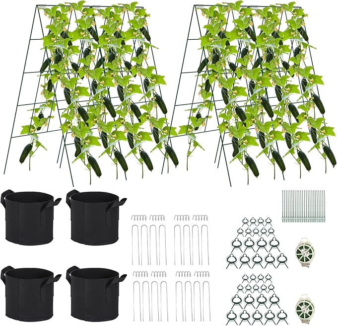 Foldable Cucumber Trellis - 4 Pack, A-Frame Garden Trellis 46" L X 18" W, Steel Climbing Plants Support Raised Bed Trellis with Twist Ties & Plant Bags for Climbing Plants Outdoor