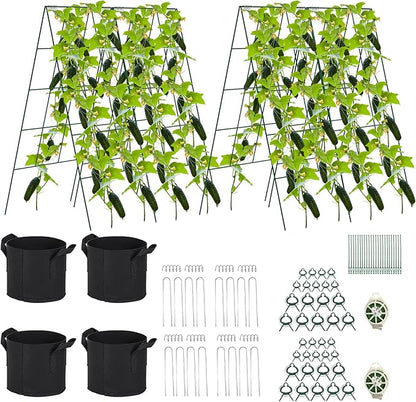 Foldable Cucumber Trellis - 4 Pack, A-Frame Garden Trellis 46" L X 18" W, Steel Climbing Plants Support Raised Bed Trellis with Twist Ties & Plant Bags for Climbing Plants Outdoor