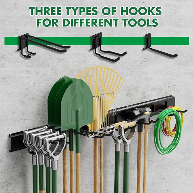 48" Garage Tool Organizer Wall Mount - 500lbs Garden Tool Organizer with Adjustable Hooks, Heavy Duty Metal Garage Storage Rack