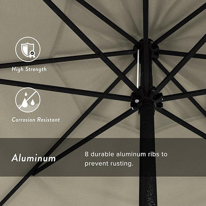 California Umbrella 9' Rd Aluminum Patio Umbrella, Crank Lift, Auto Tilt, Black Finish, 4yr Fade Warranty, Antique Beige