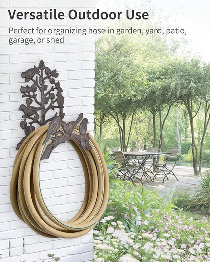 Cast Iron Garden Hose Holder Wall Mount, Rustic Heavy Duty Water Hose Hanger Storage Rack, Decorative Vintage Hose Reel Organizer for Outside Garden Yard Patio, Birds on Branch Design