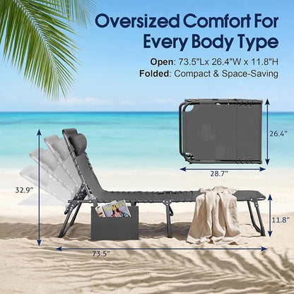 Flamaker Oversize Face Down Chaise Lounge Chair, 27 Inch Wide Foldable Outdoor Patio Chair, 5-Position Adjustable Tanning Chair with Face& Arm Holes for Sunbathing, Pool, Beach, Lawn (Grey, 1 Pcs)