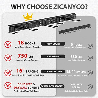 Garage Tool Organizer Wall Mount 99 inches with 18 Adjustable Heavy-Duty Hooks, Garage Organization, Garden Tool Storage Rack, Yard, and Shed, Holds Up to 750 lbs