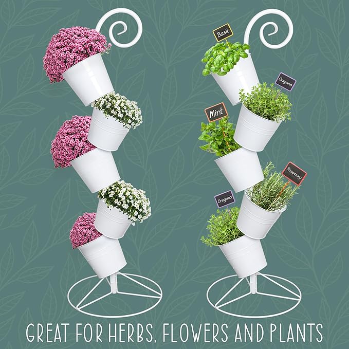 Hanging Flower Pot Tiered Stand (White), Metal Outdoor Stacking Planter