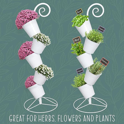 Hanging Flower Pot Tiered Stand (White), Metal Outdoor Stacking Planter